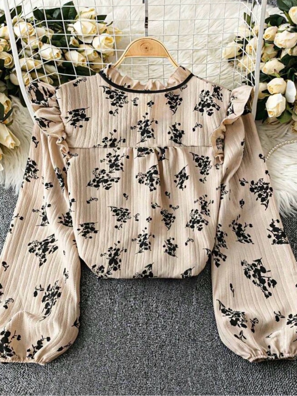 Women’s Floral Ruffle Tie-Neck Blouse - Beige with Black Print - Picture 2 of 3
